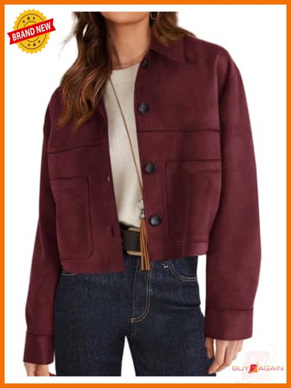 Faux Suede Shacket Lightweight Cropped Jacket Aviator Style Long Sleeve